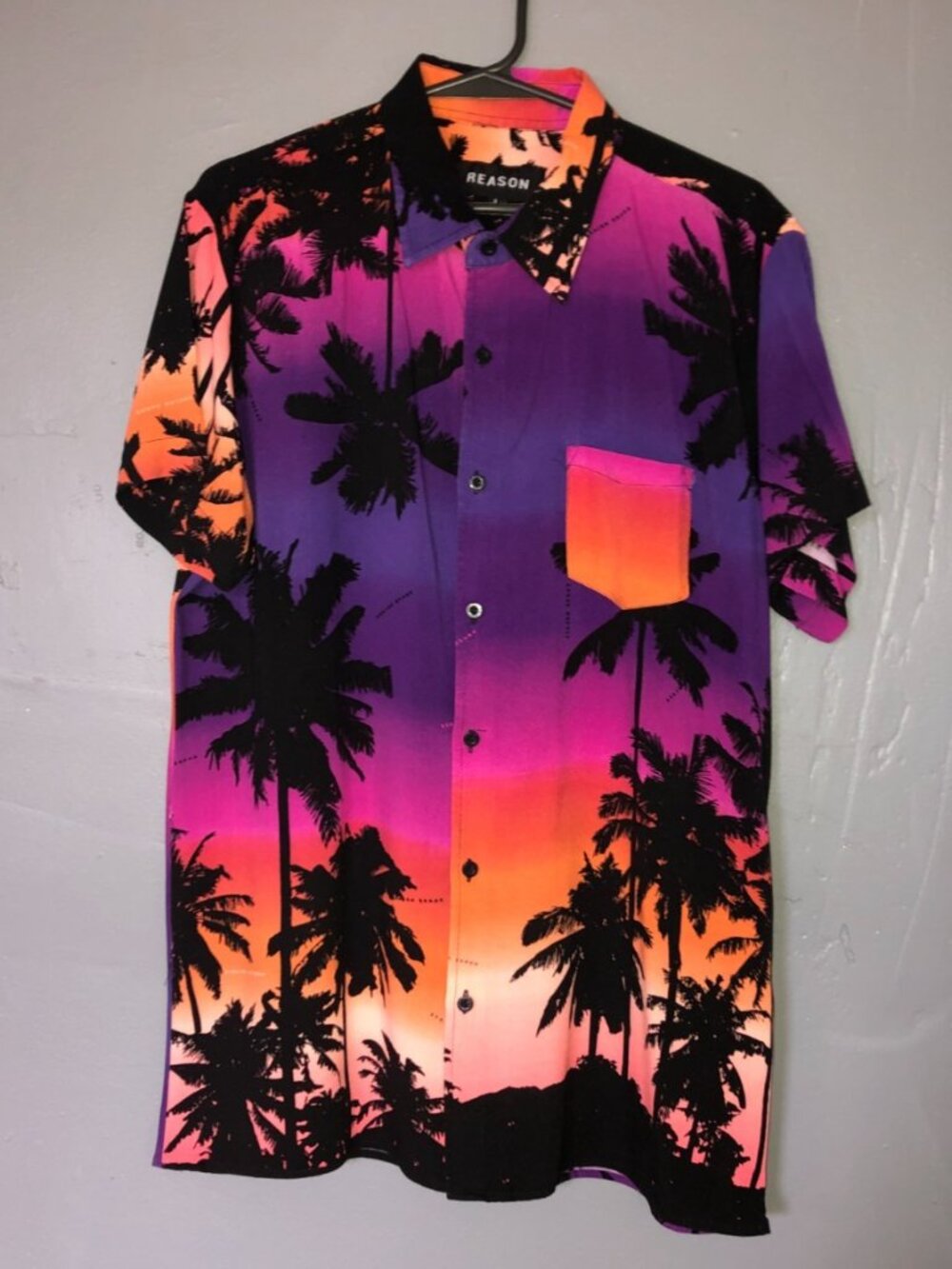 Reason Mens Lightweight Multi Color Sunset Beach Palms Button Up Shirt Large